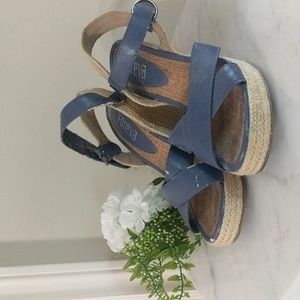 Blue and Tan Strappy Wedges